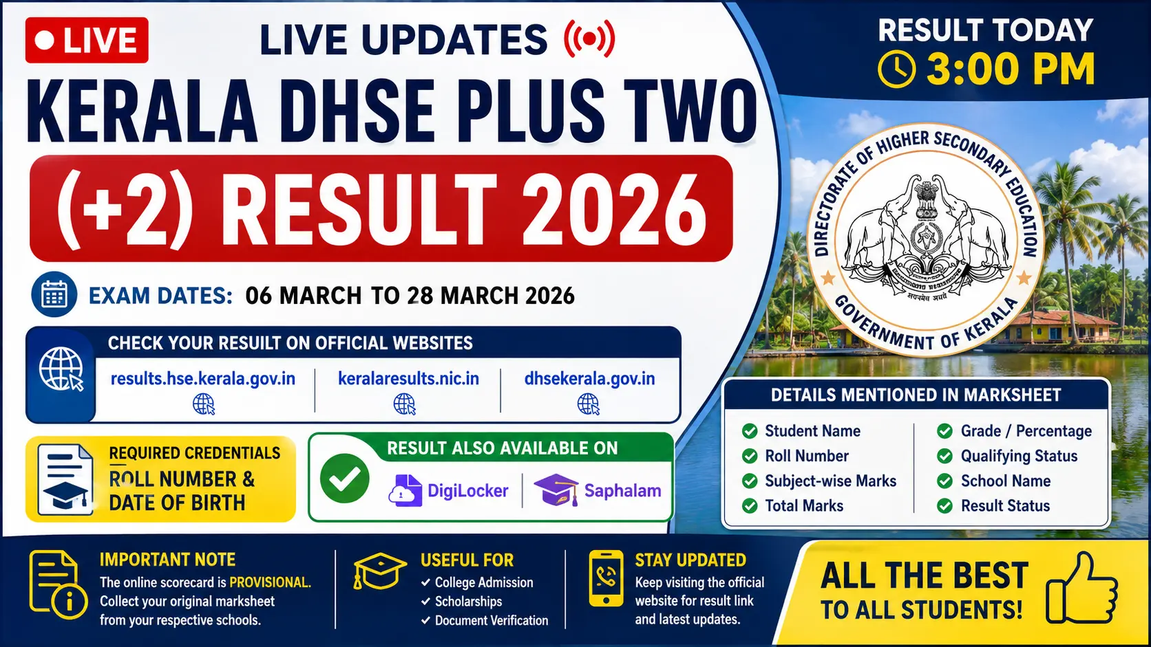 Kerala Board DHSE 12th Result 2026 Out – Result Today at 3 PM